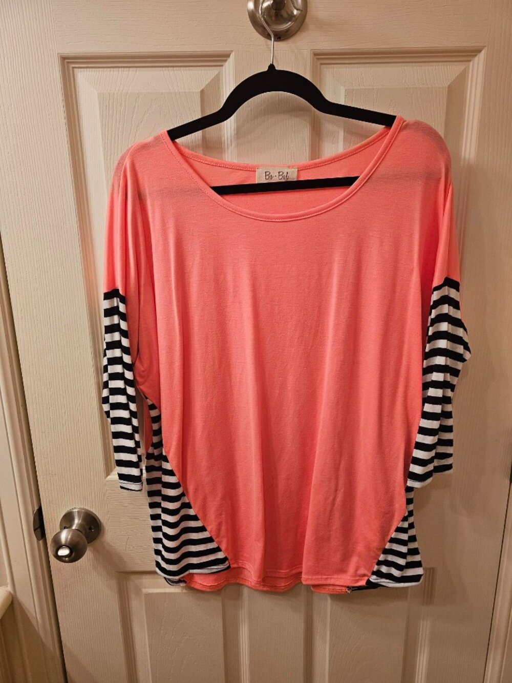 Bo Bel Medium Coral w / Black and White Strip Sleeve Detail Blouse
